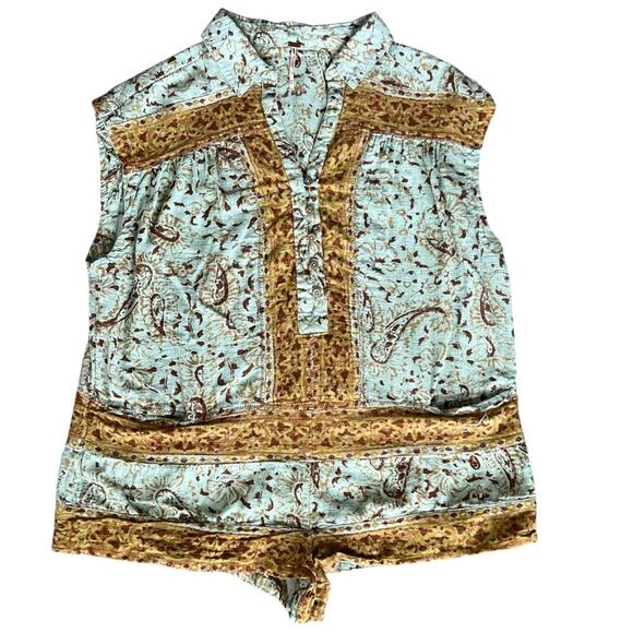 Free People Women’s Telly Collared Teal Hot Shorts Boxy Button Front Romper XS - Picture 2 of 13